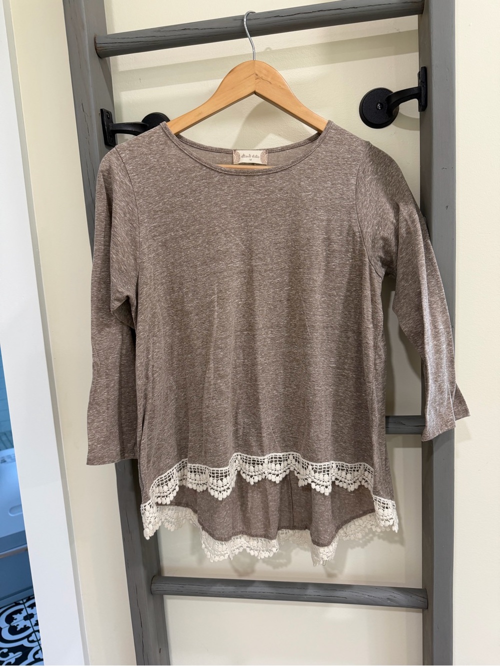 Altar'd State Taupe Knit Tunic with Ivory Crochet Trim